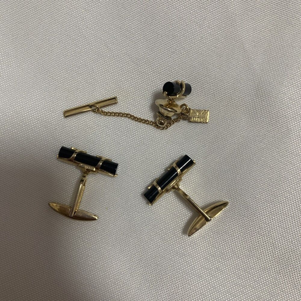 Men’s Set Of Black Bars Thin Design Quality Vintage EMMONS Cuff Links And Pin.